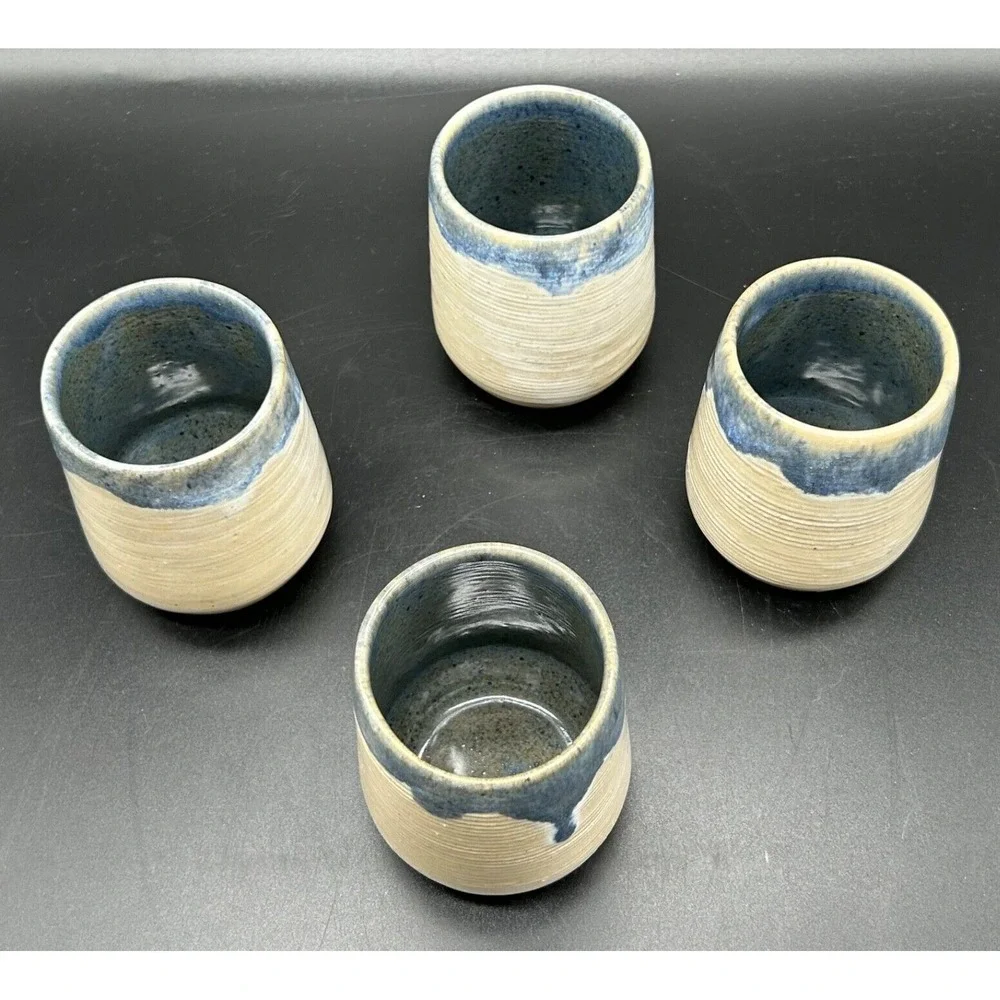 Signed Eugene Deutch Studio Art Pottery 4 Cups Vase Cream & Blue Glaze Drip MCM